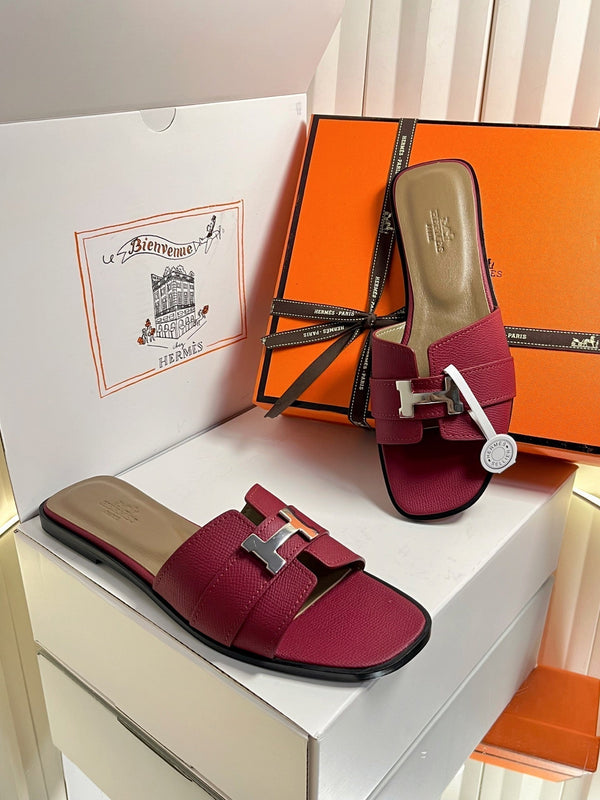 HM 26s Oran Sandals In Burgundy Epsom Calfskin Silver Hardware