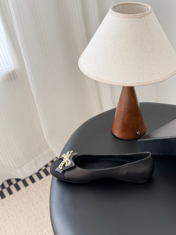 CC 26K Bow Ballet Flat Black Lambskin Canvas 670830