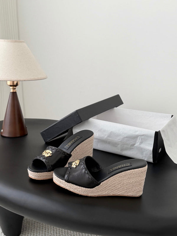CC Wedge Espadrille Slides 10cm Black Sheepskin 776107