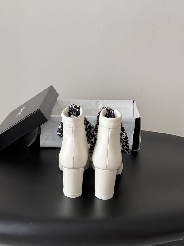 CC 26s Silk Scarf Ankle Boots White Black Leather Grosgrain 127894