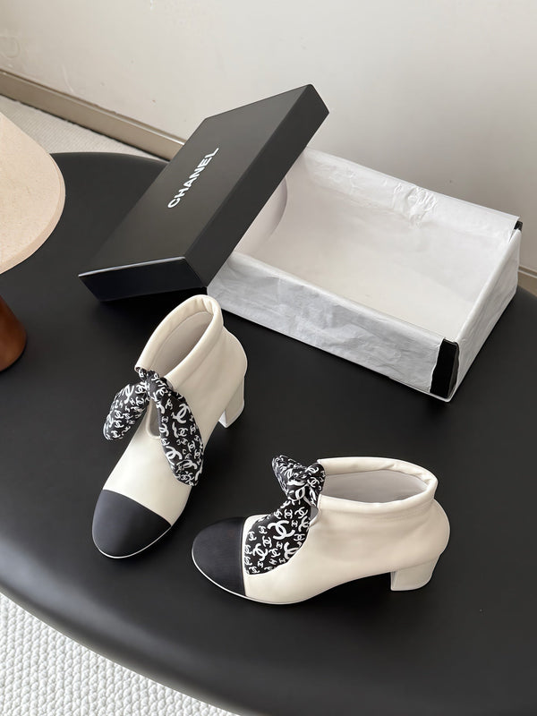 CC 26s Silk Scarf Ankle Boots White Black Leather Grosgrain 127894
