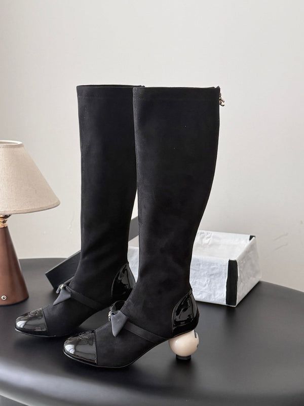 CC 26s Pearl Heel Knee High Boots Black Suede Patent Leather 127955
