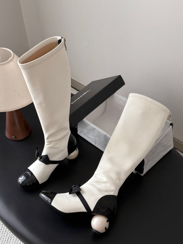 CC 26s Pearl Heel Knee High Boots White Black Leather Patent 127957