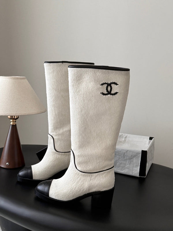 CC 26s Embroidered Logo Knee High Boots White Black Pony Hair 127790