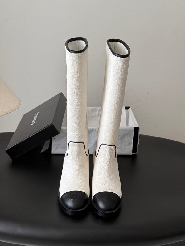 CC 26s Embroidered Logo Knee High Boots White Black Pony Hair 127790