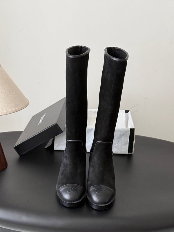 CC 26s Embroidered Logo Knee High Boots Black Suede 127791