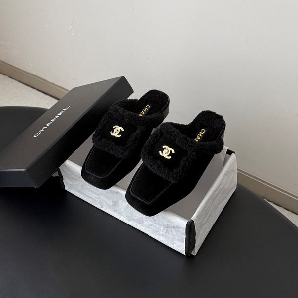 CC 26S Shearling Trim Mules Black Gold Suede 127800