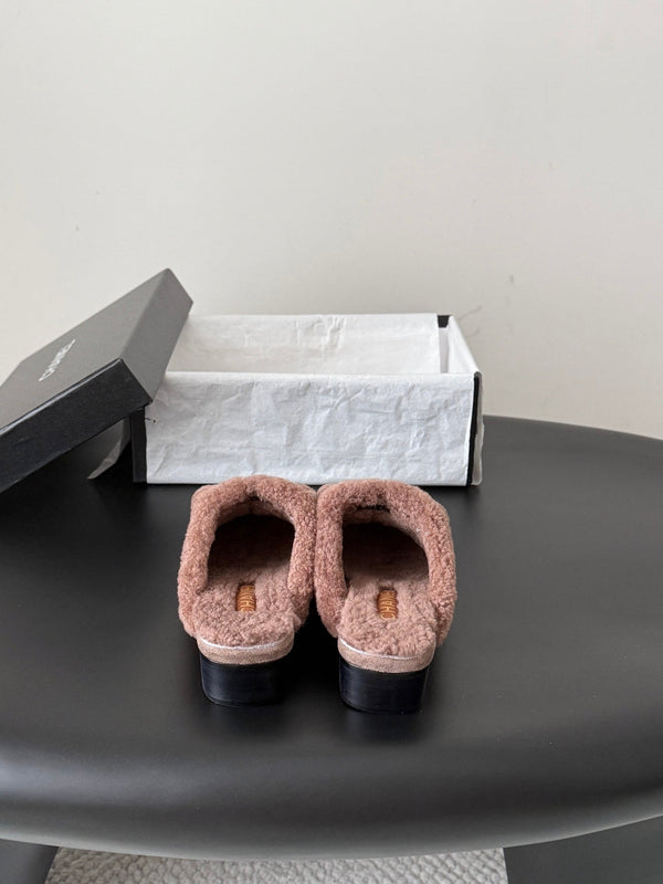 CC 26S Shearling Trim Mules Khaki Gold Suede 127802