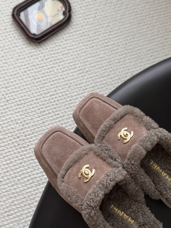 CC 26S Shearling Trim Mules Grey Gold Suede 127803