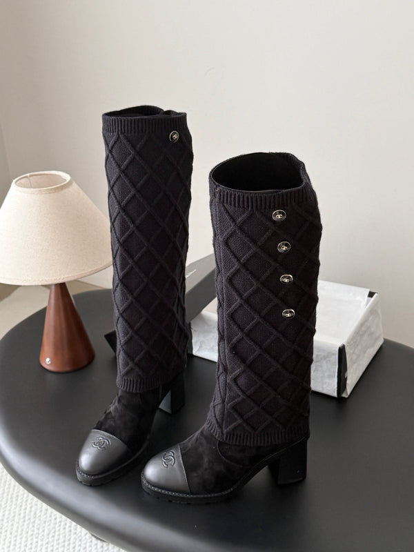 CC 26s Knit Leg Warmer Knee High Boots Black Suede 127816
