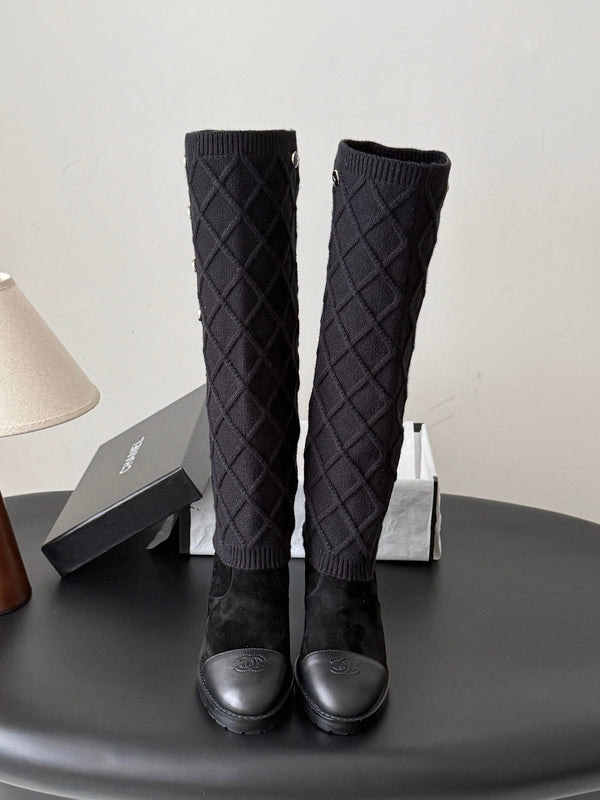 CC 26s Knit Leg Warmer Knee High Boots Black Suede 127816