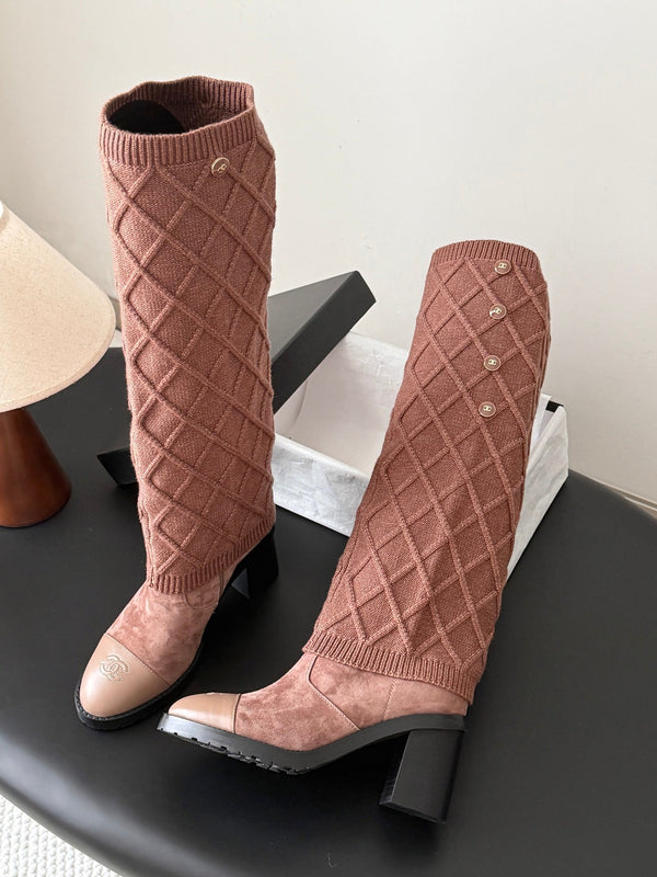 CC 26s Knit Leg Warmer Knee High Boots Brown Suede 127817