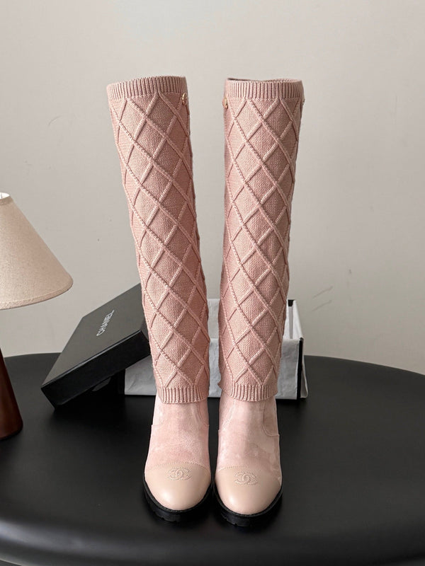 CC 26s Knit Leg Warmer Knee High Boots Beige Pink Suede 127818