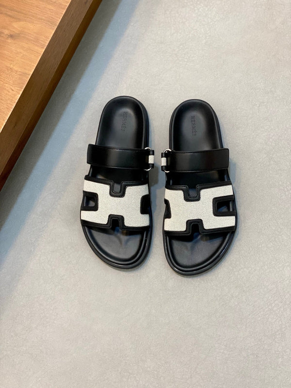 HM Men's Chypre Sandals White Black Cowhide 642697