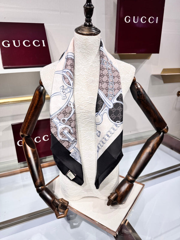 GG Horsebit Scarf 90x90 Black Grey Colorful Silk Twill 203997