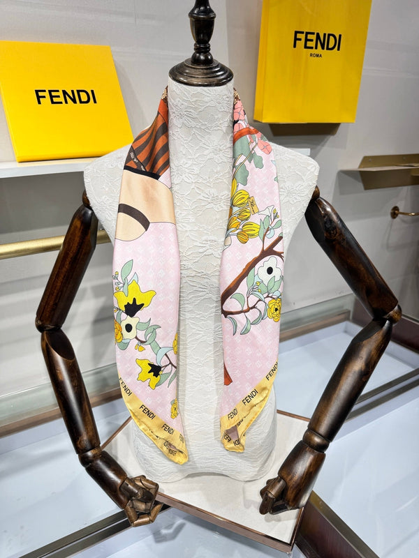 Fendi Gardening Foulard Scarf 90x90 White Colorful Silk Twill 204010