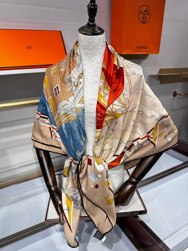 HM Flagship Shawl 140x140cm Khaki Colorful Cashmere Silk 212379
