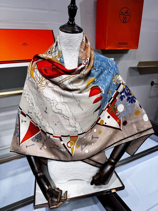 HM Flagship Shawl 140x140cm Khaki Colorful Cashmere Silk 212379