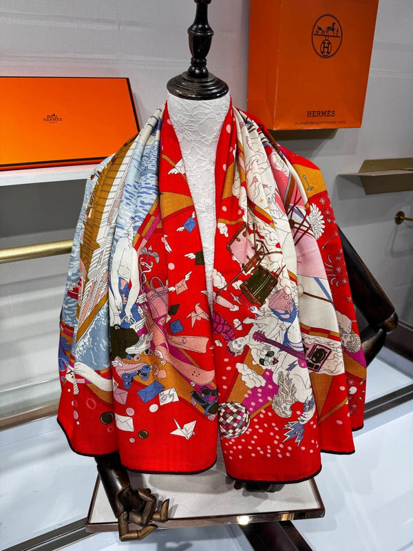 HM Flagship Shawl 140x140cm Red Colorful Cashmere Silk 212381