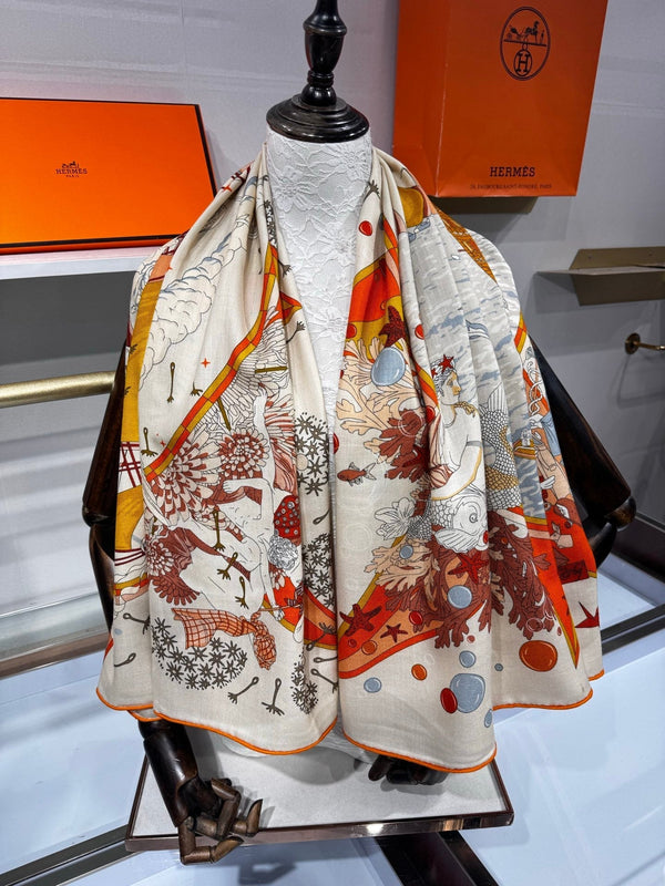 HM Flagship Shawl 140x140cm Brown Colorful Cashmere Silk 212385