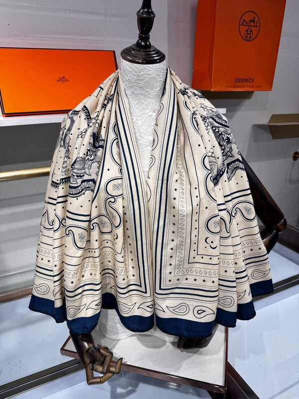 HM Grand Apparat Bandana Shawl 140x140cm Cream Blue Cashmere Silk 212690