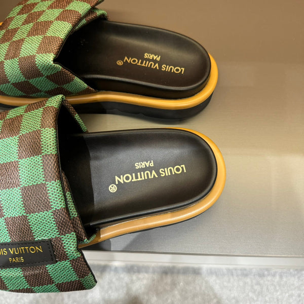 LV VELCRO SLIPPERS GREEN MIX BROWN DAMIER MONOGRAM CALFSKIN