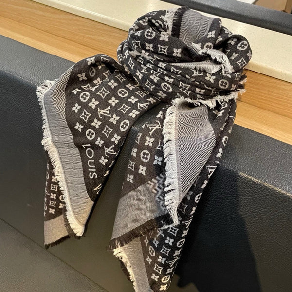 MONOGRAM SHINE SCARF 120 CM IN BLACK WOOL AND MULBERRY SILK 398194