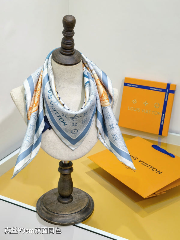 LV Double-sided Scarf 90cm Turquoise Twill Silk 136588