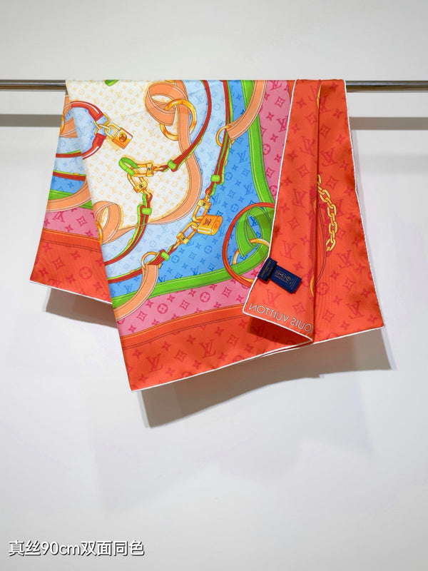LV Double-sided Scarf 90cm Coral Orange Twill Silk 136589