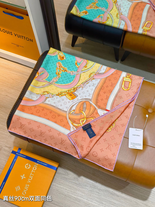LV Double-sided Scarf 90cm Pink Orange Twill Silk 136590