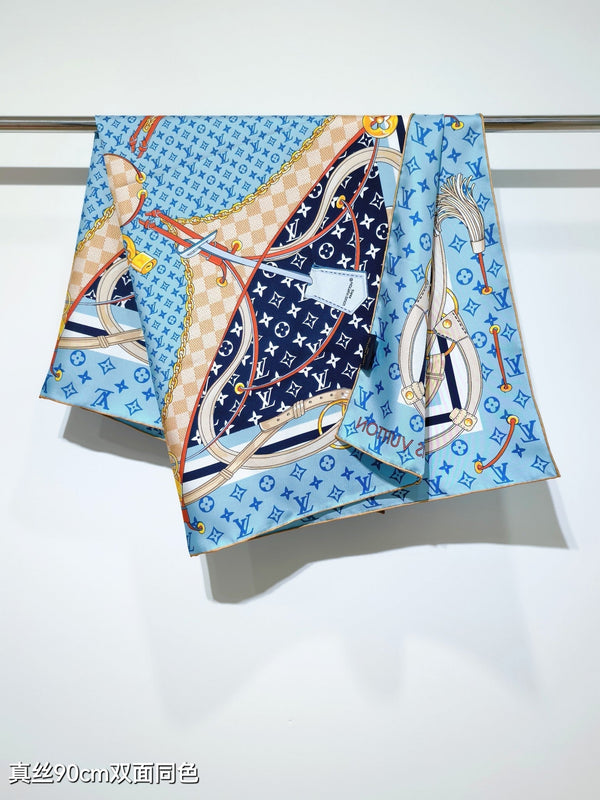 LV Scarf 90cm Blue Denim Twill Silk 136594