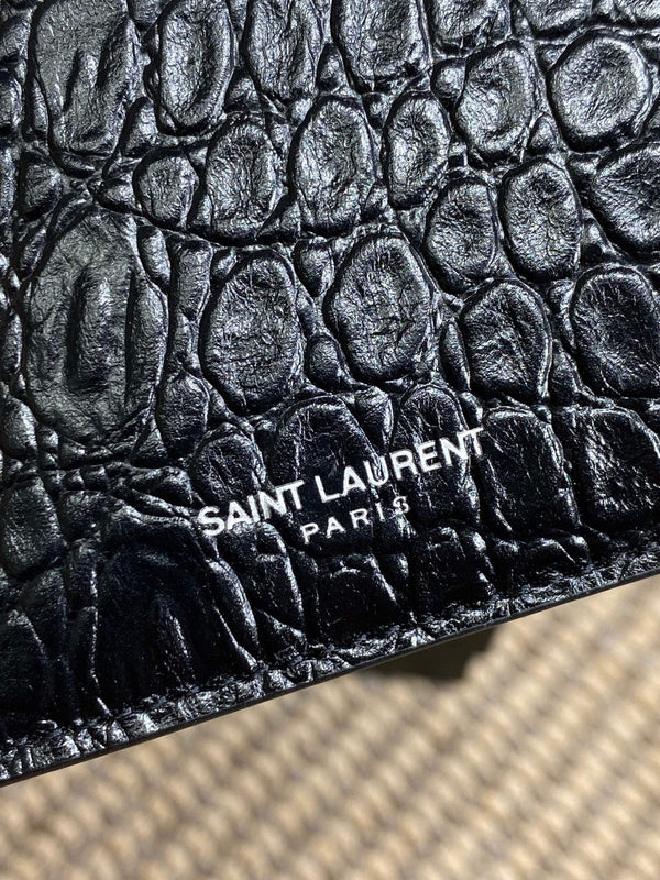 YSL Zip Card Case Black Croc Embossed Leather