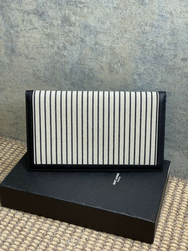 YSL 22s Uptown Pouch Clutch Bag Black White Canvas GHW