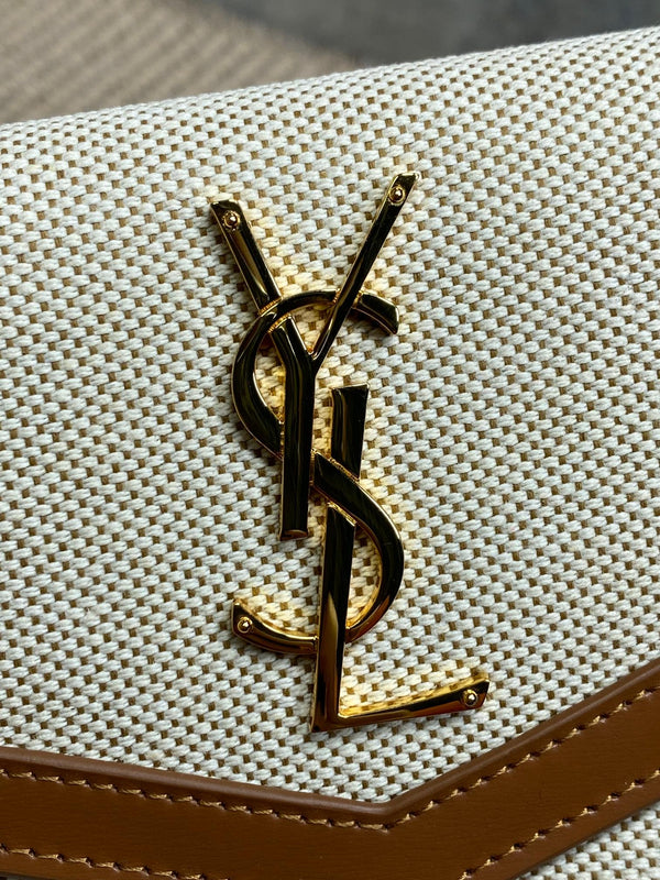 YSL 22s Uptown Pouch Clutch Bag Beige Brown Canvas GHW
