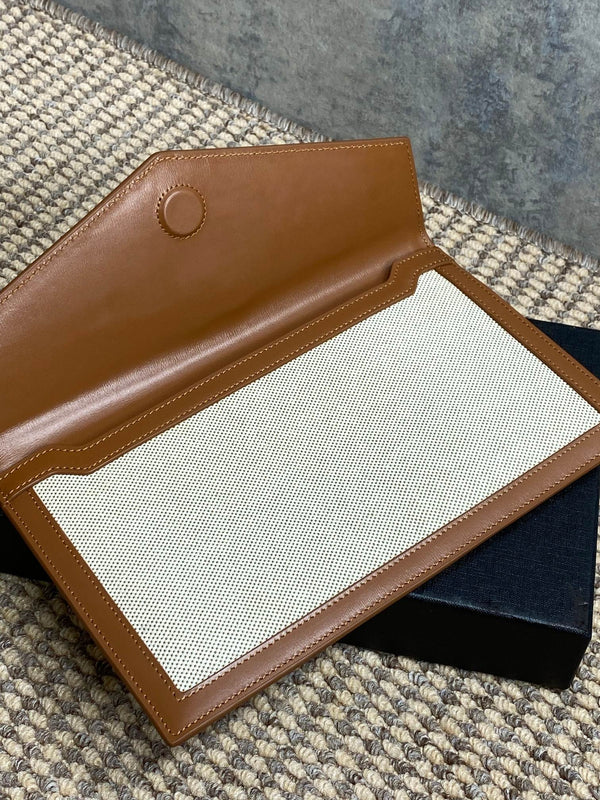 YSL 22s Uptown Pouch Clutch Bag Beige Brown Canvas GHW