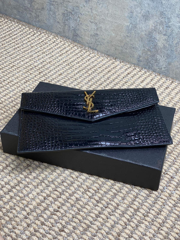 YSL 22s Uptown Pouch Clutch Bag Black Croc Embossed Leather GHW