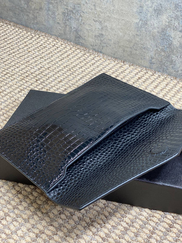YSL 22s Uptown Pouch Clutch Bag Black Croc Embossed Leather GHW