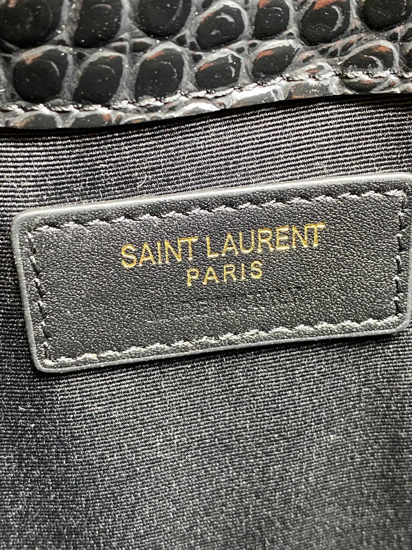 YSL 22s Uptown Pouch Clutch Bag Black Croc Embossed Leather GHW
