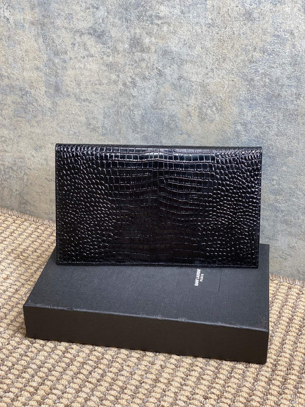 YSL 22s Uptown Pouch Clutch Bag Black Croc Embossed Leather Sliver HW