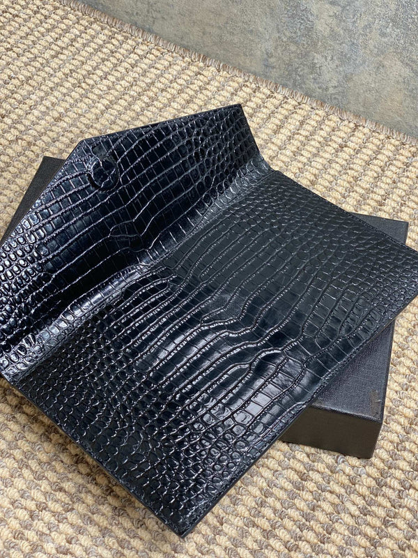 YSL 22s Uptown Pouch Clutch Bag Black Croc Embossed Leather Sliver HW