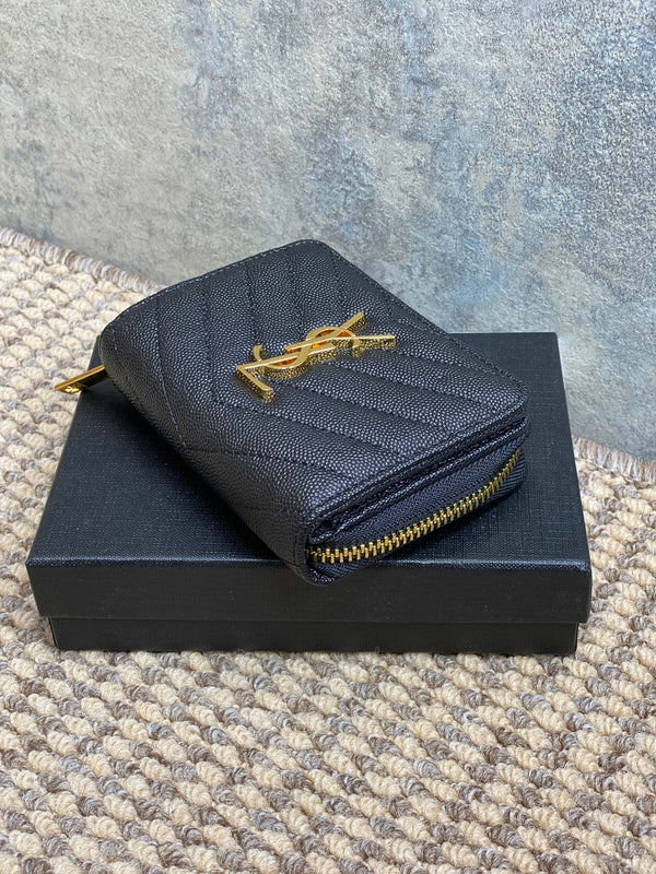 YSL Cassandre Matelassé Compact Zip-Around Wallet Black Caviar Cowhide GHW
