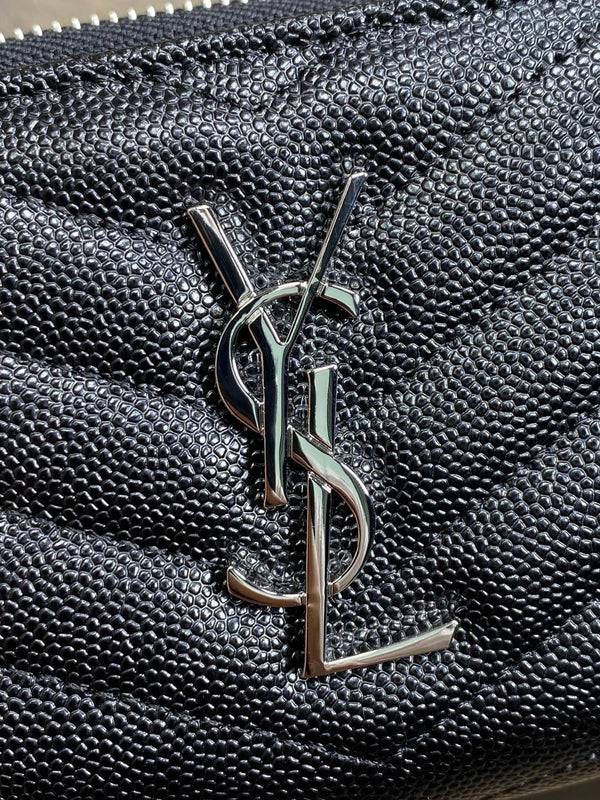 YSL Cassandre Matelassé Compact Zip-Around Wallet Black Caviar Cowhide Sliver HW