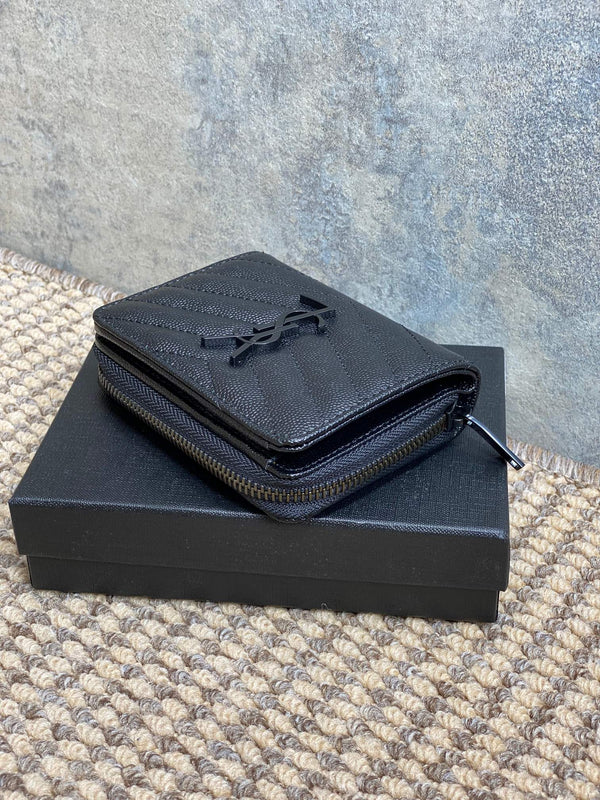 YSL Cassandre Matelassé Compact Zip-Around Wallet Full Black Caviar Cowhide