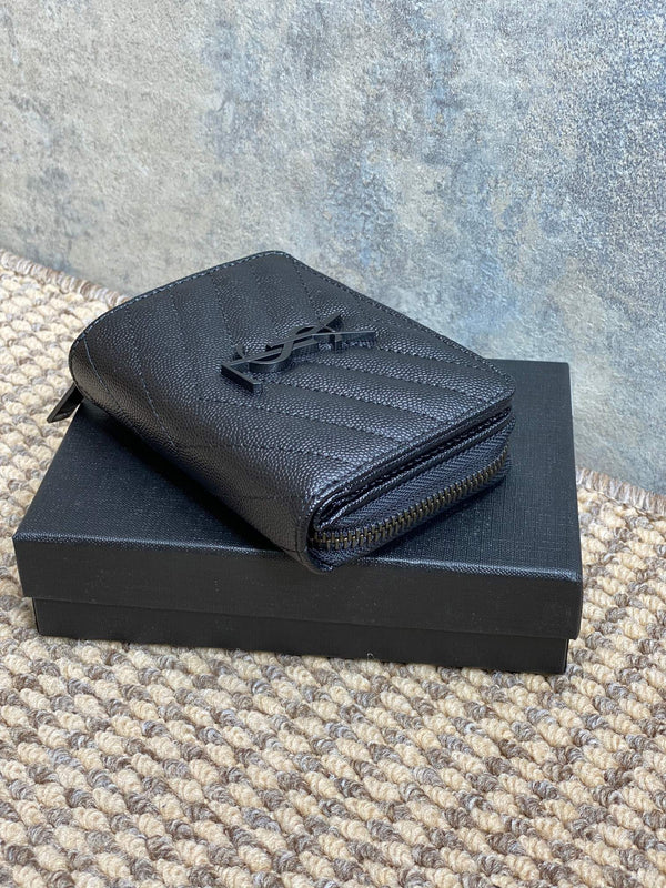 YSL Cassandre Matelassé Compact Zip-Around Wallet Full Black Caviar Cowhide