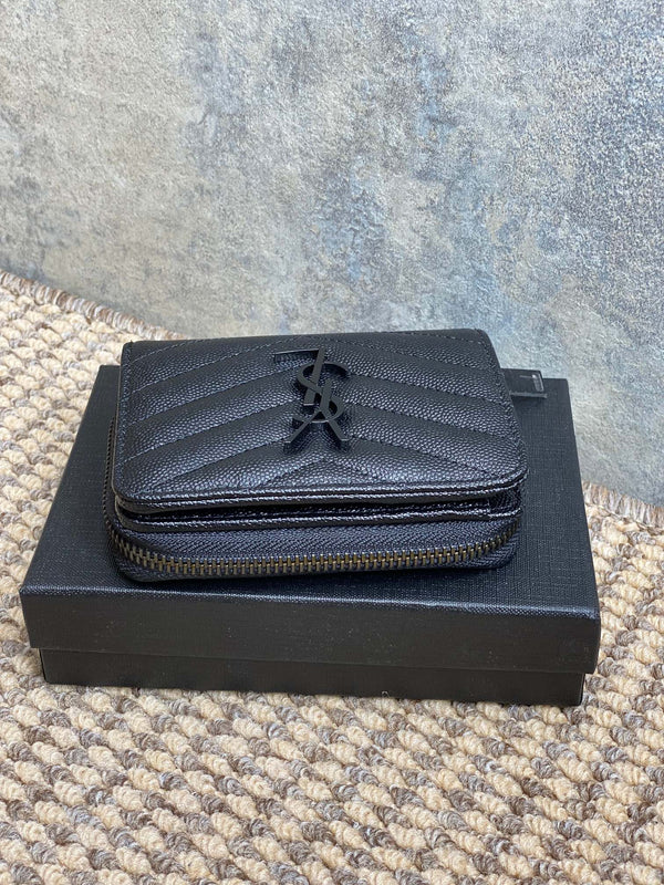 YSL Cassandre Matelassé Compact Zip-Around Wallet Full Black Caviar Cowhide