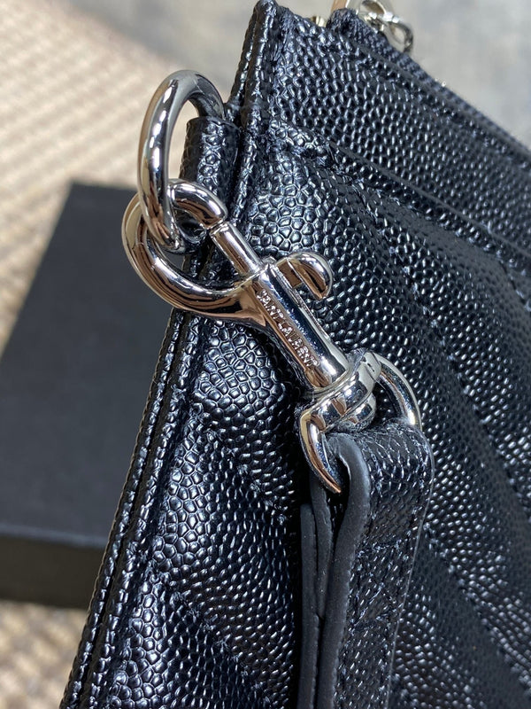 YSL Hardware Logo Zipper Clutch 23cm Black Caviar Cowhide