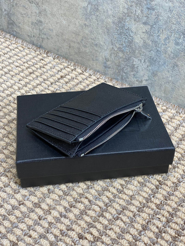 YSL Zip Coin Case With Card Black Caviar Cowhide Sliver HW