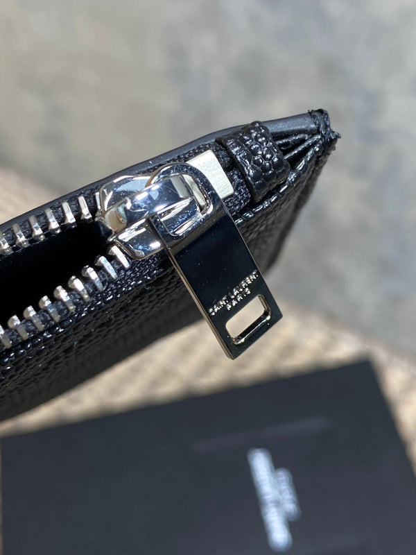 YSL Zip Coin Case With Card Black Caviar Cowhide Sliver HW