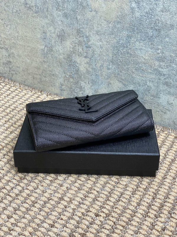 YSL Cassandre Envelope Flap Wallet Full Black Caviar Cowhide