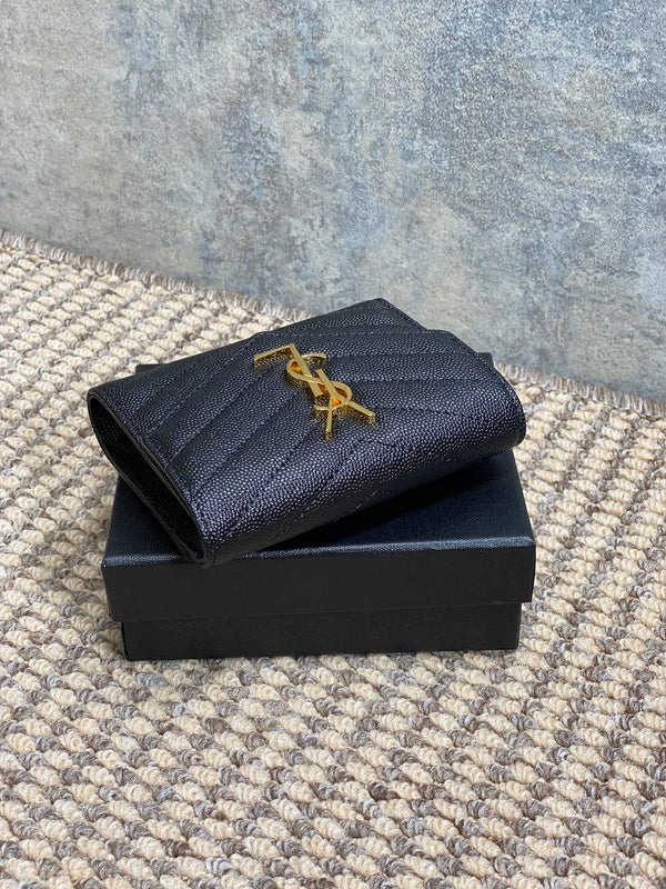 YSL Compact Flap Cassendre Wallet 10cm Black Leather GHW